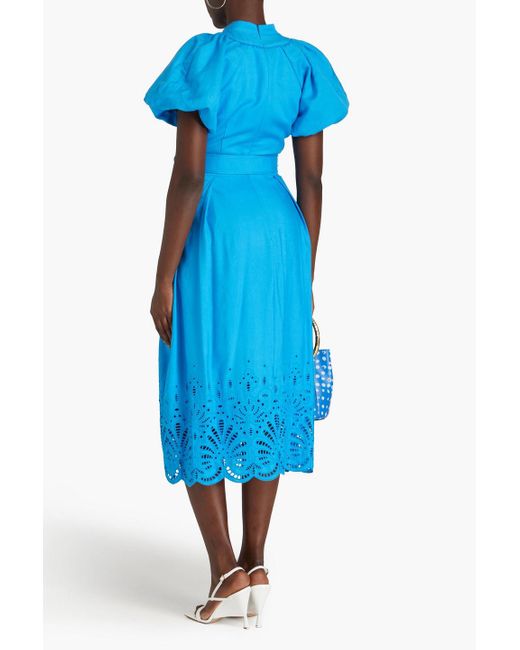 Rebecca Vallance Blue Isadora Broderie Anglaise Linen And Cotton-blend Midi Shirt Dress