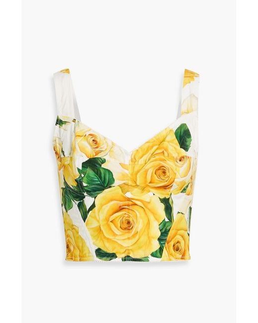 Dolce & Gabbana Yellow Cropped Floral-Print Cotton-Blend Poplin Bustier Top