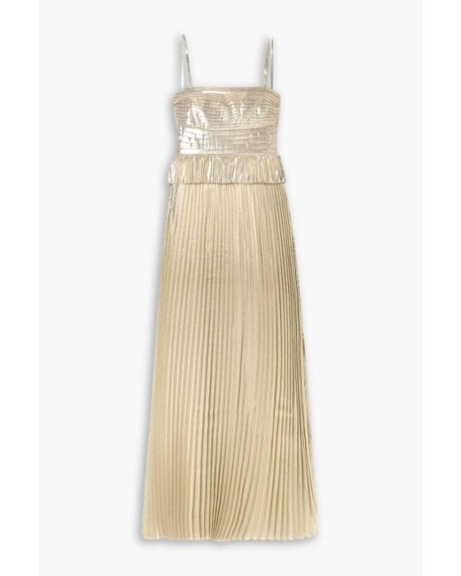 Self-Portrait Natural Pintucked Plissé-lamé Gown