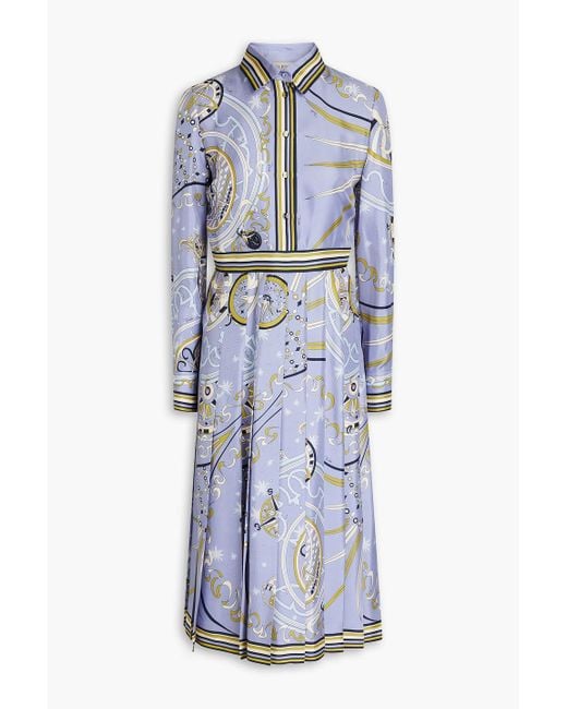 Emilio Pucci Blue Bedrucktes hemdkleid aus seiden-twill mit falten in midilänge