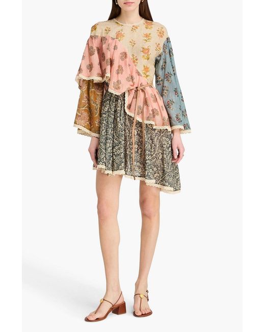 Zimmermann White Tiered Belted Paisley-Print Cotton-Blend Mini Dress