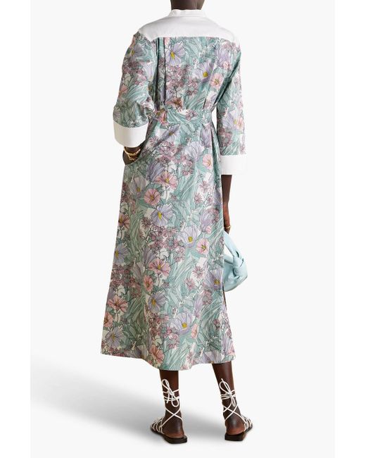 Tory Burch Green Belted Floral-print Cotton-poplin And Jacquard Dress