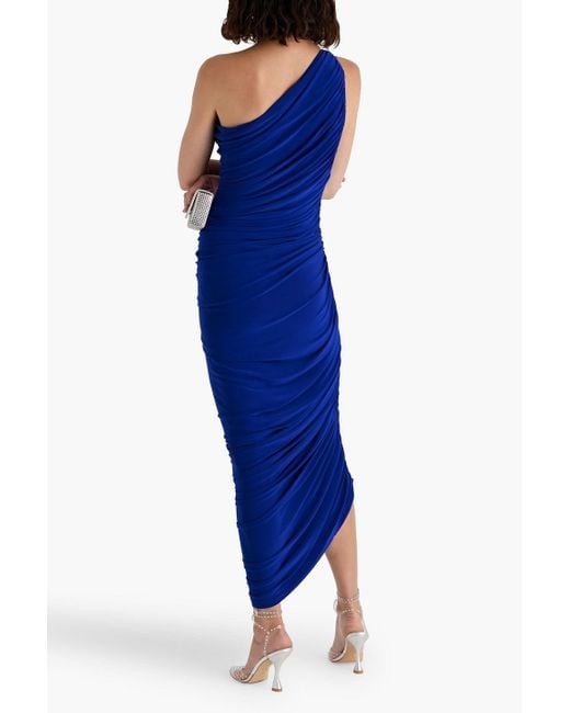 Norma Kamali Blue Diana One-Shoulder Ruched Stretch-Jersey Maxi Dress