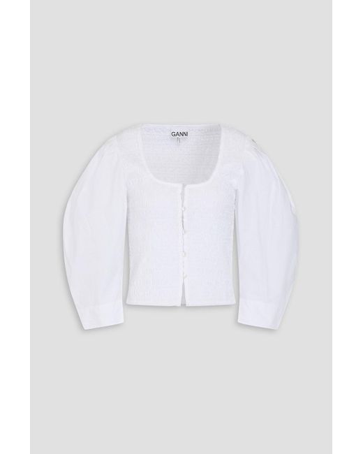 Ganni White Bluse aus baumwollpopeline mit raffung