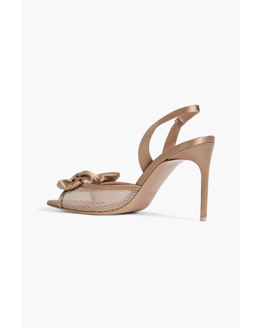 Malone Souliers Metallic Maera 90 Bow-detailed Satin And Mesh Slingback Sandals