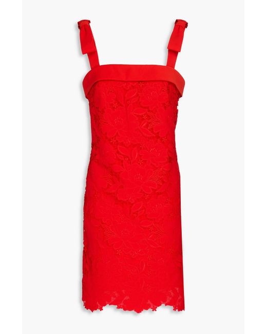 ML Monique Lhuillier Red Embroide Broderie Anglaise And Tulle Mini Dress