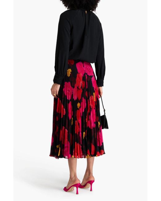 Erdem Red Pleated Floral-Print Georgette Midi Skirt