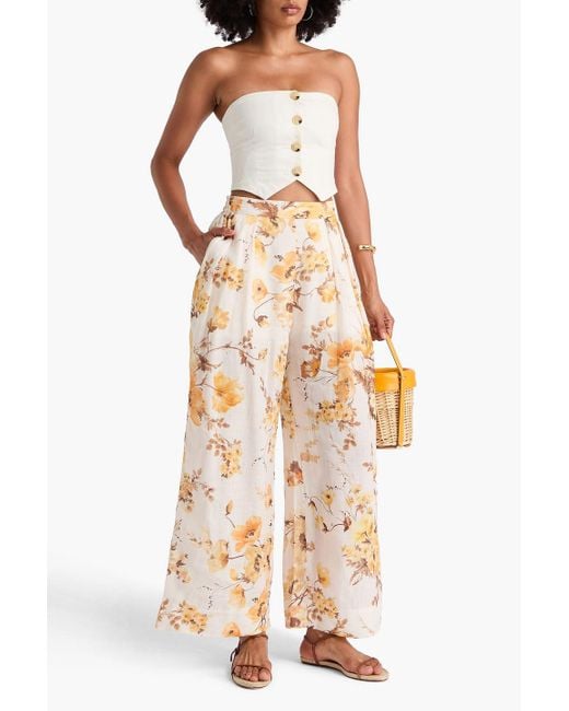 Zimmermann Natural Pleated Floral-Print Ramie Wide-Leg Pants