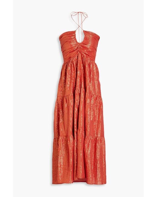 Sundress Red Rika Metallic Striped Cotton-blend Halterneck Midi Dress