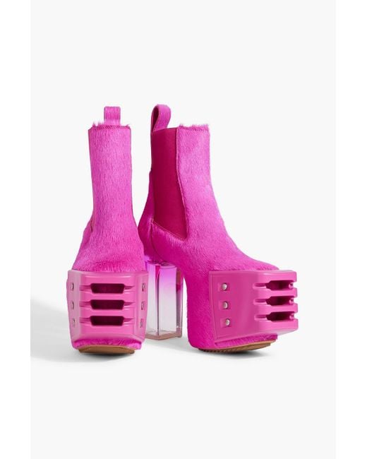 Rick Owens Pink Grilled Neon Calf-hair Platform Ankle Boots