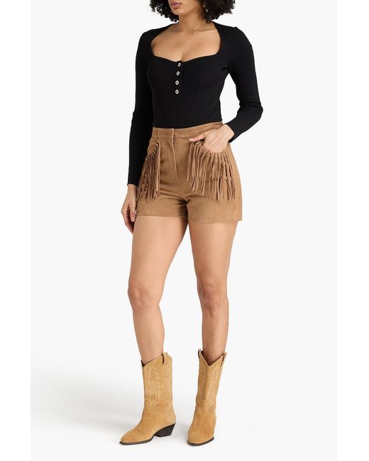 Maje Natural Fringed Suede Shorts