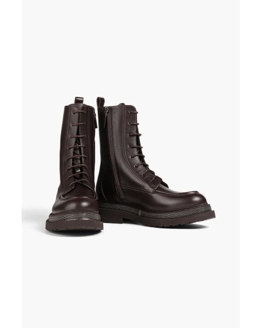 Brunello Cucinelli Brown Bead-embellished Leather Combat Boots
