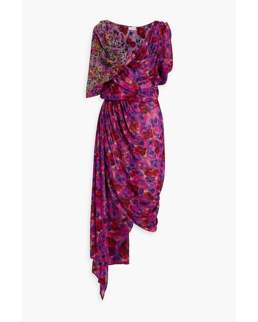 Dries Van Noten Purple Draped Floral-print Chiffon And Georgette Midi Dress