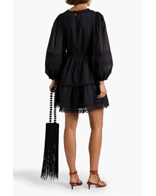 Farm Rio Black Lace-Trimmed Pintucked Cotton-Voile Mini Dress