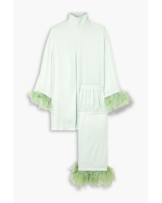 Sleeper Green Feather-trimmed Satin Pajama Set