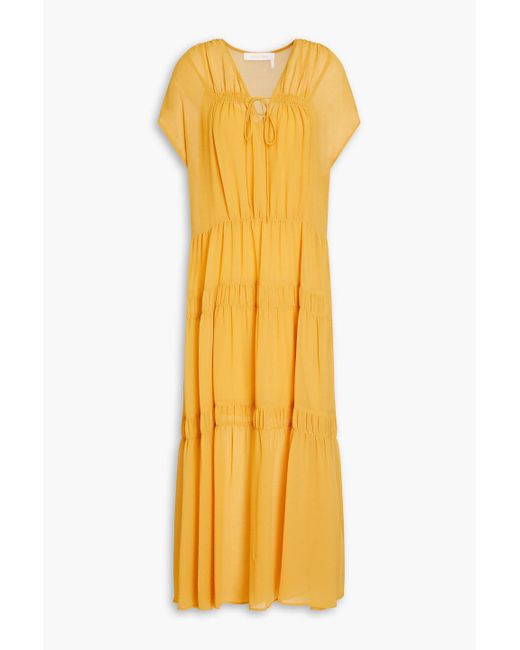 See By Chloé Yellow Tiered Gathered Georgette Midi Dress