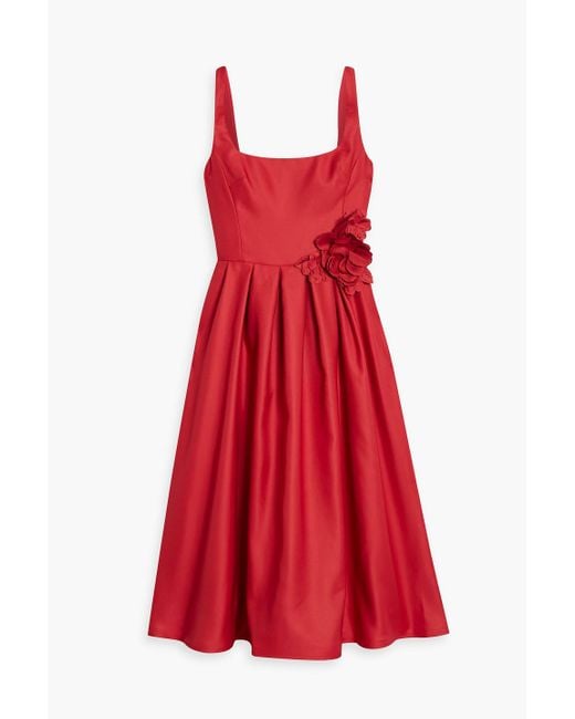 Marchesa Red Floral-appliquéd Duchesse-satin Midi Dress
