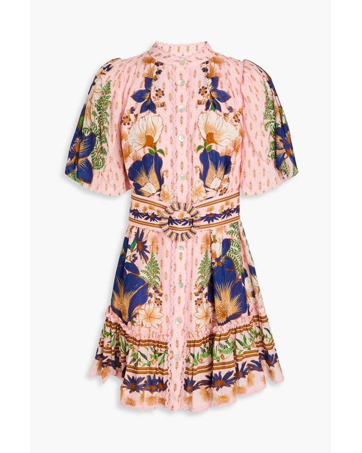 Farm Rio Pink Belted Floral-print Cotton-blend Mini Dress