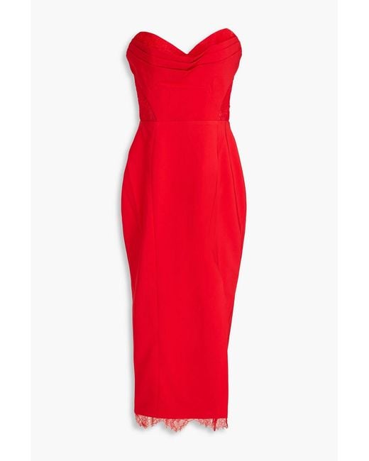 Marchesa Red Strapless Lace-trimmed Pleated Crepe Midi Dress