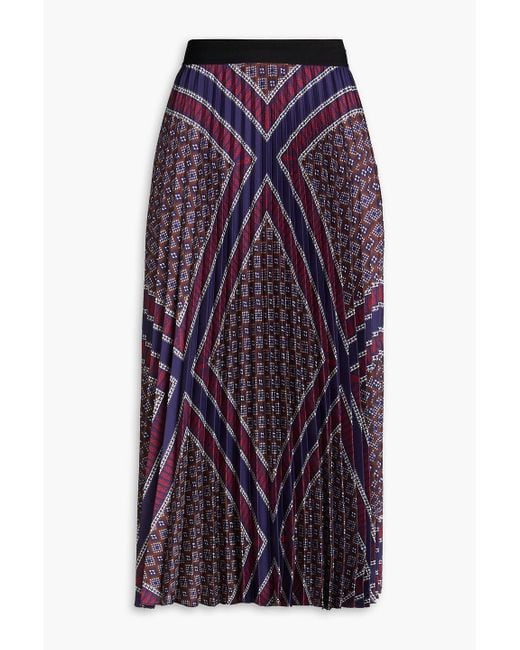 Sandro Purple Pleated Printed Satin-twill Midi Skirt