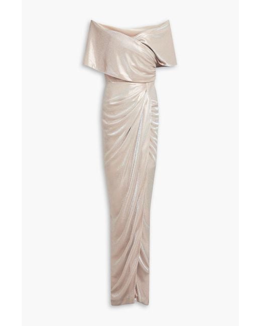 Rhea Costa White Off-the-shoulder Wrap-effect Metallic Jersey Gown