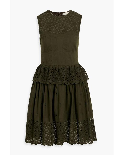 Ulla Johnson Green Jessa gestuftes minikleid aus baumwolle mit lochstickerei