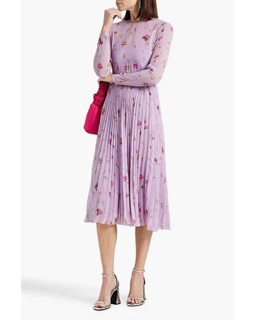 RED Valentino Purple Pleated Floral-print Chiffon Midi Dress