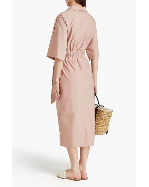 Brunello Cucinelli Pink Bead-embellished Crinkled Cotton-blend Midi Shirt Dress