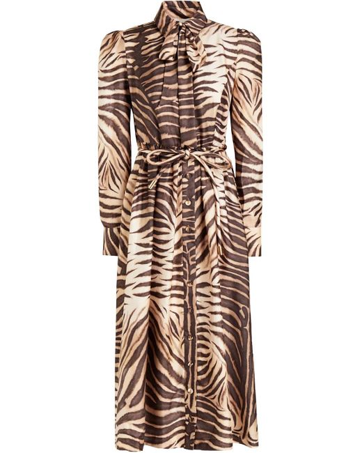 Zimmermann Pussy-bow Belted Zebra-print Silk-twill Midi Shirt Dress - Lyst