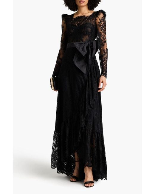 Zuhair Murad Black Bow-detailed Ruffled Cotton-blend Chantilly Lace Gown