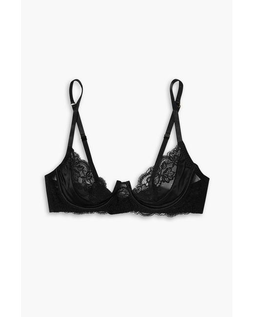 Coco De Mer Black Seraphine Silk-blend Satin And Lace Underwired Plunge Bra
