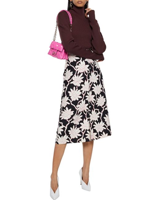 Valentino Garavani Black Floral-print Wool And Silk-blend Twill Skirt