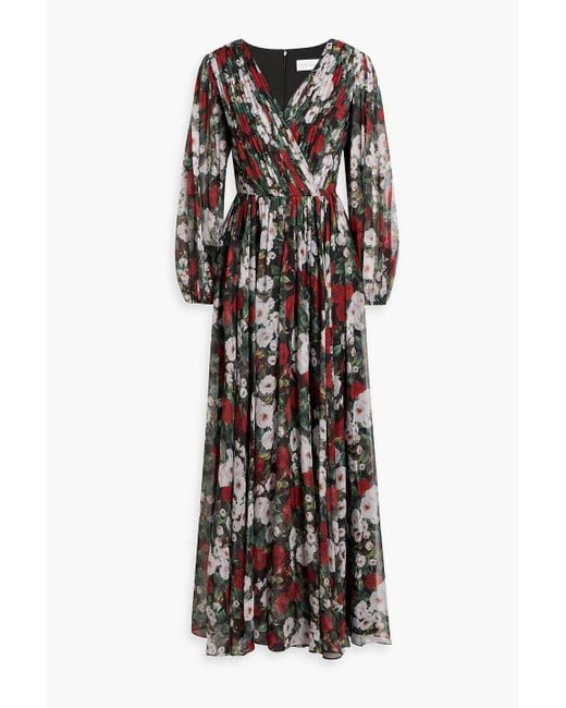 Mikael Aghal Black Pleated Floral-Print Organza Maxi Dress