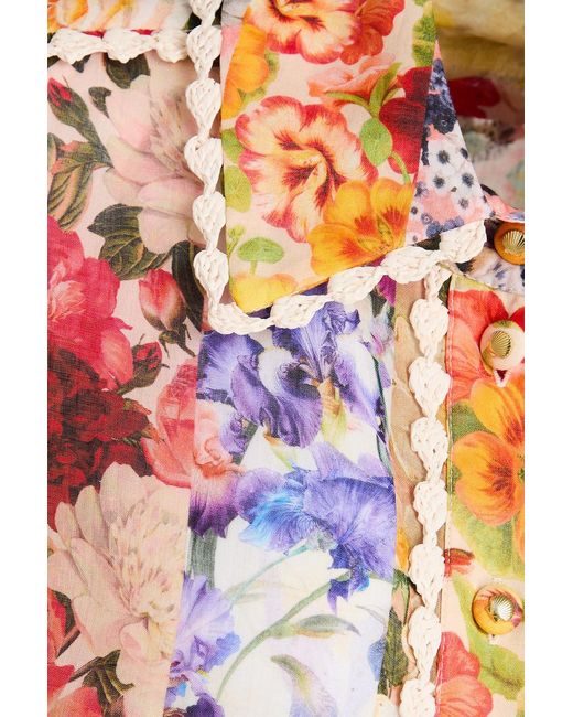 Zimmermann Orange Raffia-trimmed Floral-print Ramie Shirt