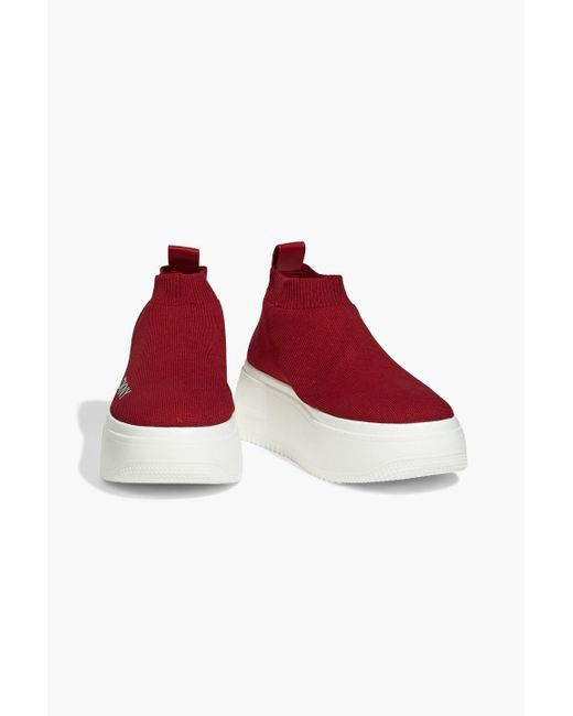 DKNY Mada Logo-appliquéd Stretch-knit Platform Sneakers in Red | Lyst