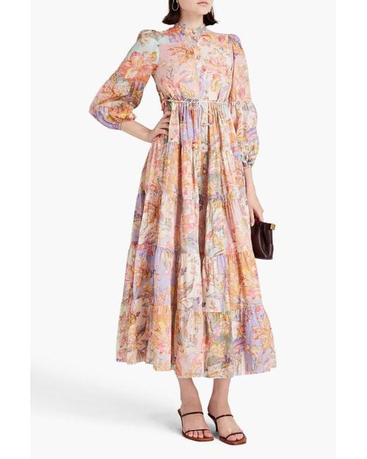 Zimmermann Pink Tiered Floral-print Cotton Midi Dress