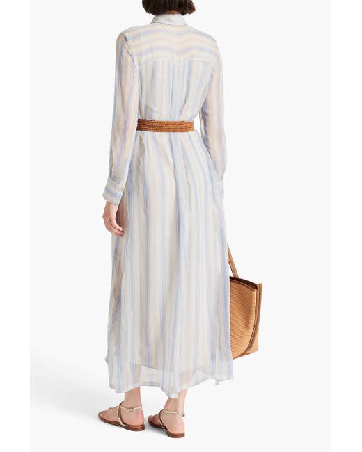 Brunello Cucinelli White Belted Striped Silk-chiffon Maxi Shirt Dress