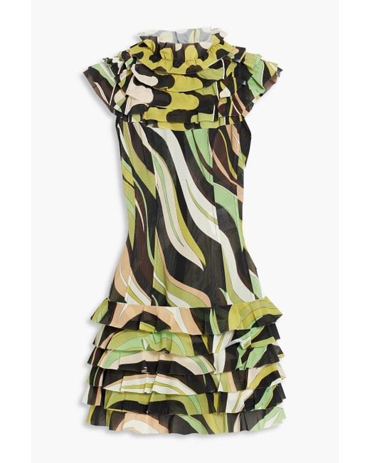 Emilio Pucci Green Ruffled Printed Stretch-tulle Mini Dress