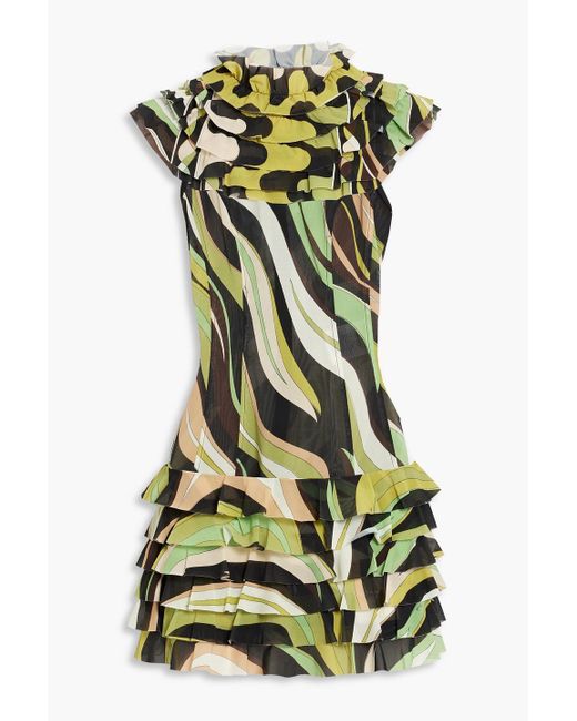 PUCCI Ruffled Printed Stretch-tulle Mini Dress in Green | Lyst