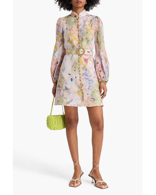 Zimmermann Multicolor Belted Floral-print Linen Mini Dress