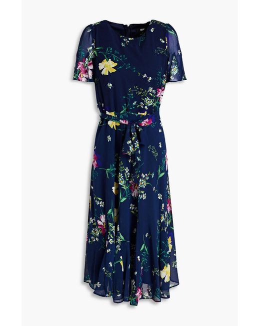 DKNY Blue Belted Floral-print Georgette Midi Dress
