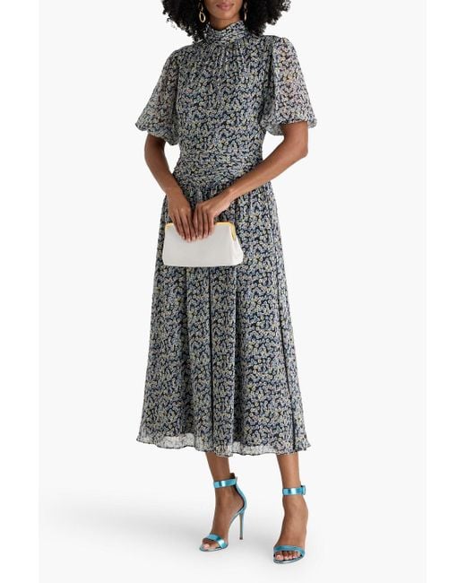 Mikael Aghal Gray Gathered Floral-Print Chiffon Midi Dress