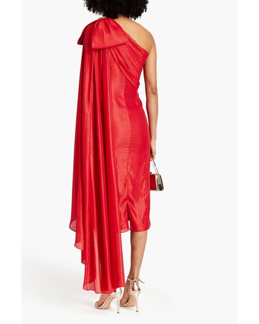 Jenny Packham Red One-shoulder Bow-detailed Lamé Midi Dress