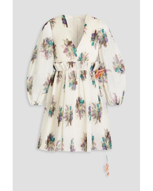 Zimmermann Natural Belted Pleated Floral-print Organza Mini Dress
