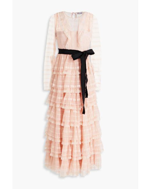 RED Valentino Pink Tiered Lace-trimmed Tulle Midi Dress