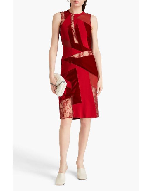 Stella McCartney Red Silk-blend Chantilly Lace, Crepe And Velvet Dress
