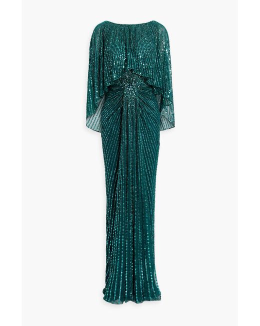 Jenny Packham Blue Draped Embellished Tulle Gown