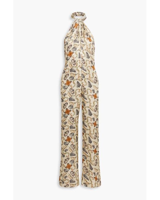 Sensi Studio Metallic Printed Satin Halterneck Wide-leg Jumpsuit
