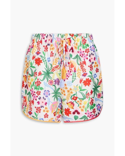 Saloni White Floral-Print Satin-Twill Shorts