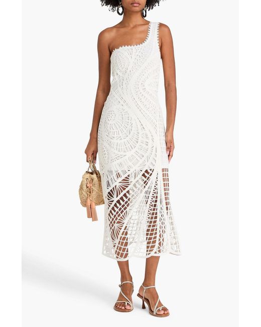 Maje White One-Shoulder Crocheted Cotton Midi Dress